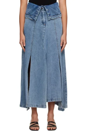 Rokh Blue Asymmetric Denim Midi Skirt
