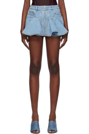 MUGLER Blue Ruffled Denim Miniskirt