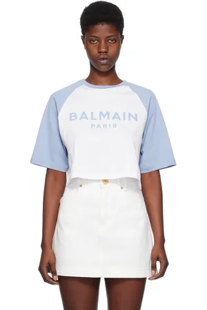 Balmain White & Blue Raglan Sleeve T-Shirt