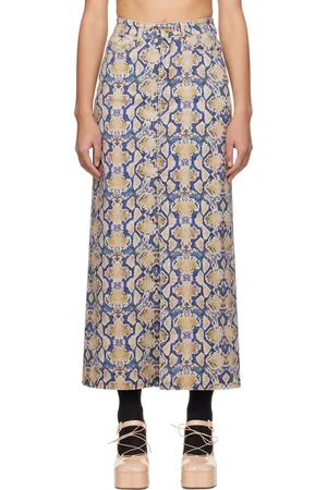 Ganni Blue & Yellow Snake Printed Denim Maxi Skirt