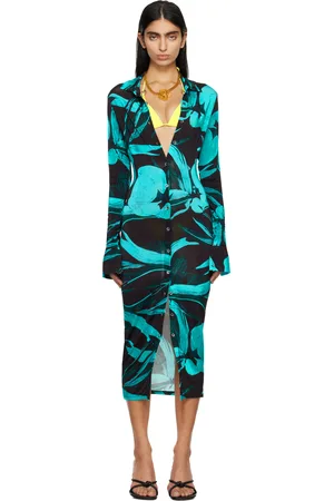 Louisa Ballou Black & Blue Printed Midi Dress