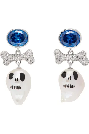 Jiwinaia Silver & White Skull Pearl Drop Earrings