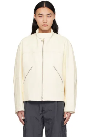 Solid White Band Collar Leather Jacket