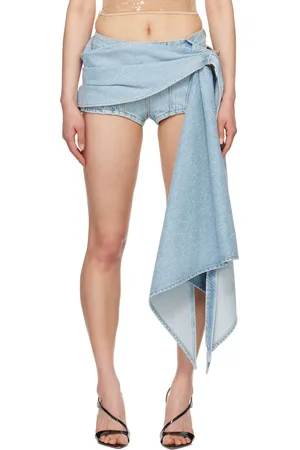 MUGLER Blue Draped Denim Shorts