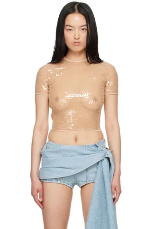 MUGLER Beige Cropped T-Shirt
