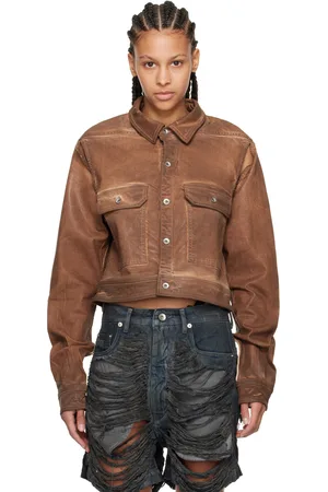 Rick Owens Brown Cape Sleeve Cropped Denim Jacket