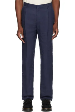 Sunspel Navy Pleated Linen Trousers