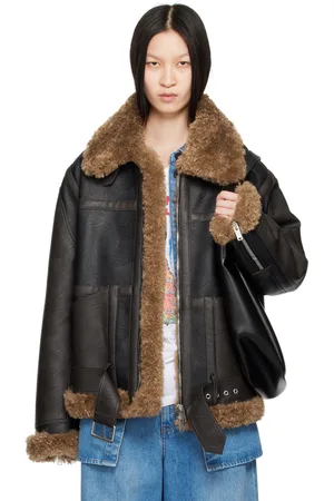 Stella McCartney Black & Brown Plush Teddy Faux-Leather Coat