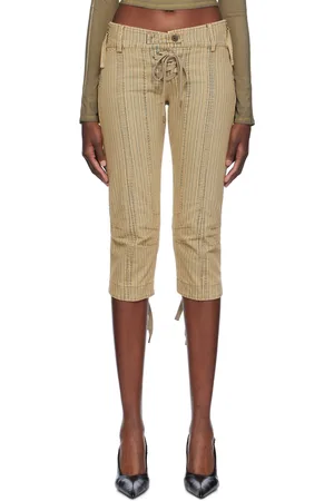 KNWLS Khaki & Beige Striped Capri Denim Shorts