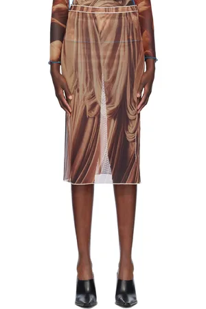 Rokh Brown Draped Printed Midi Skirt
