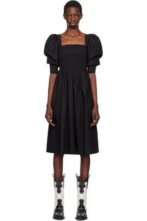 Ganni Black Smocked Midi Dress