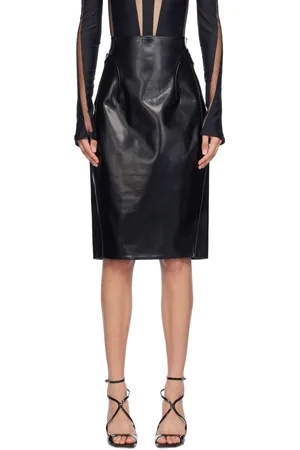MUGLER Black Faux-Leather Midi Skirt