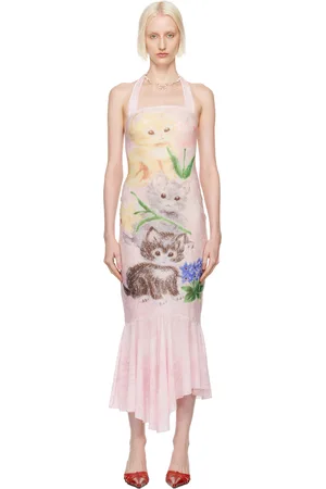 yuhan wang Pink Kitty Printed Halter Midi Dress