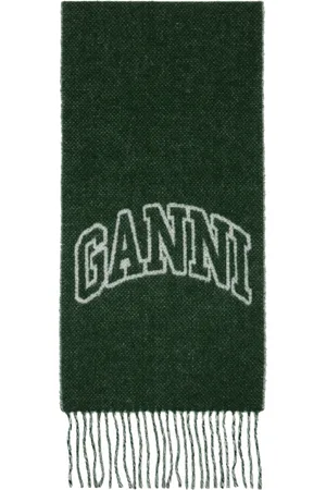 Ganni Green Fringed Wool Scarf