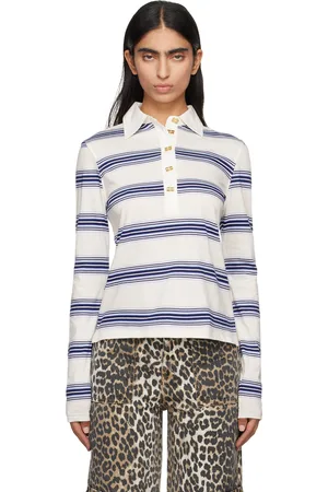 Ganni White & Blue Striped Long Sleeve Polo