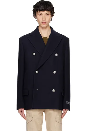 Balmain Navy Short Felted Virgin Wool Peacoat