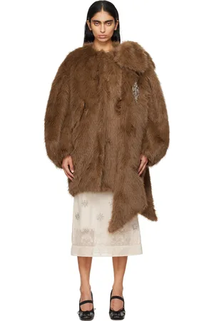 Simone Rocha Brown Embellished Coccoon Bow Faux-Fur Coat
