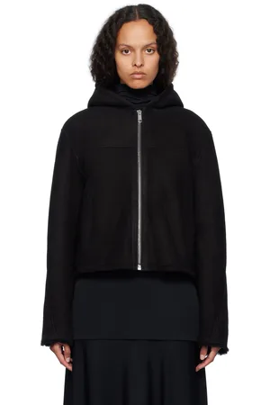 YVES SALOMON Black Suede Merino Hooded Shearling Jacket