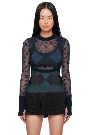 Marine Serre Navy Upcycled Argyle Knit Fitted Sweater