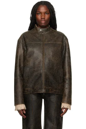 Guess Brown Crackled Moto Leather Jacket