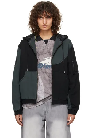 DIME Black & Gray Panel Denim Hooded Bomber Jacket