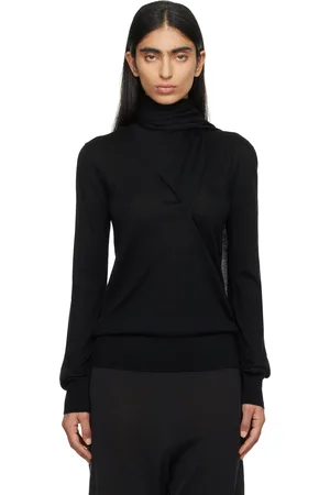 Totême Black Draped Scarf Fine Knit Sweater