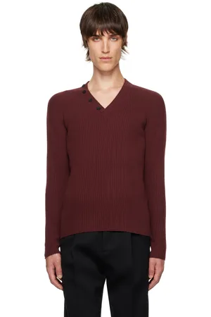 Lanvin Burgundy Ribbed V-Neck Sweater