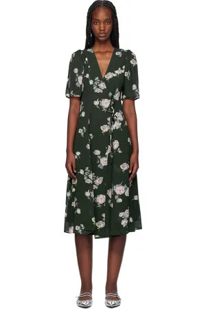 Ganni Black Floral Crepe Wrap Midi Dress