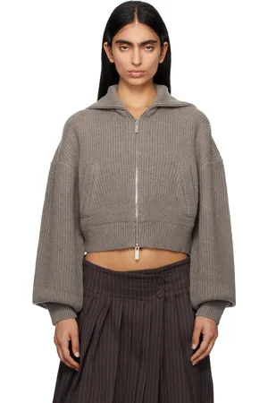 REMAIN Birger Christensen Taupe Knitted Cropped Bomber Sweater