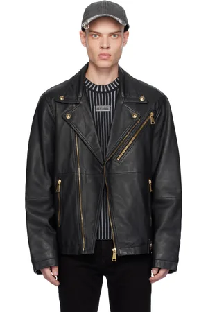 VERSACE Black Grained Leather Biker Jacket