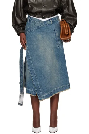 LU’U DAN Blue Apron Denim Midi Skirt