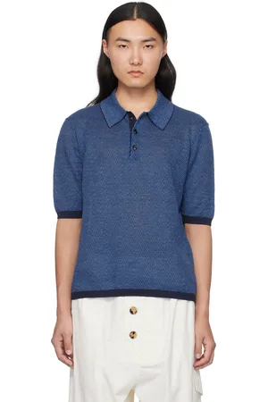 Bottega Veneta Blue Linen Chevron Knit Polo