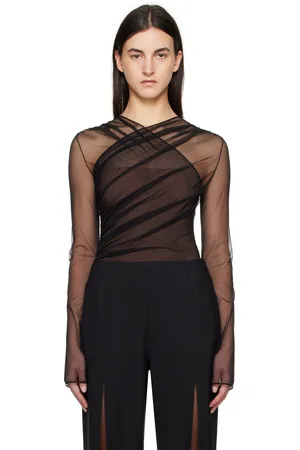 Nensi Dojaka Black & Brown Semi-Sheer Gathered Long Sleeve Bodysuit