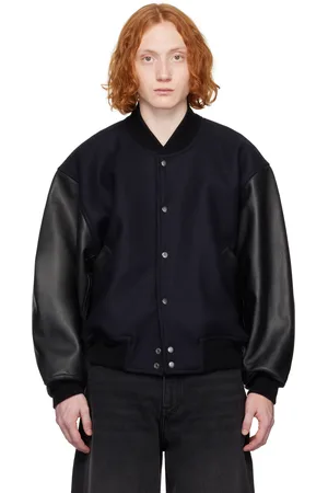 STUDIO NICHOLSON Navy & Black Alph Leather Bomber Jacket