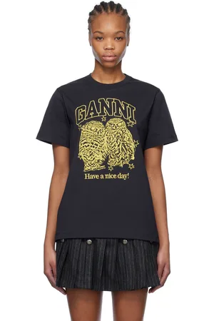 Ganni Black Basic Jersey Owls Relaxed T-shirt