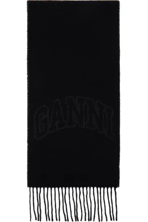 Ganni Black Fringed Wool Scarf