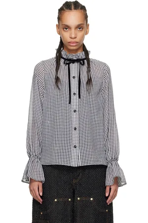 Ganni Black & White Sheer Check Tie String Shirt