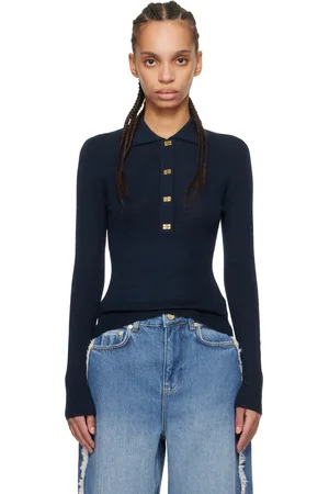 Ganni Navy Mini Ribbed Merino Long Sleeve Polo