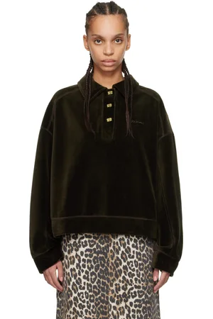 Ganni Khaki Velour Drop Shoulder Long Sleeve Polo