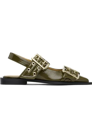 Ganni Khaki Feminine Buckle Flats