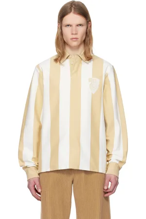 Burberry Beige & White Long-Sleeve Striped Cotton Polo