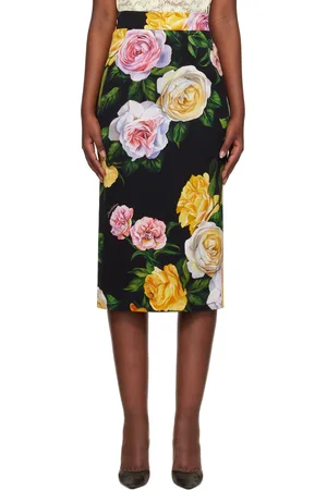 Dolce & Gabbana Black Peony & Rose-Print Midi Skirt