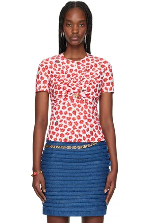 VERSACE White & Red Safety Pin Gathered Top