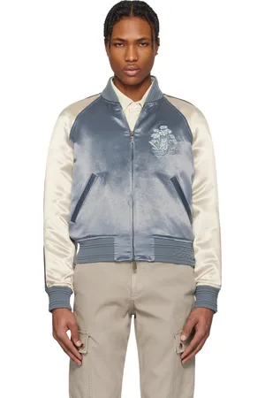Burberry Blue & Off-White EKD Satin Bomber Jacket