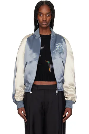 Burberry Blue & Off-White EKD Satin Bomber Jacket
