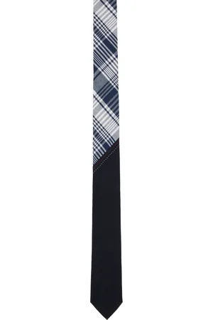 Thom Browne Navy & White Classic Bias Combo Madras Check Tie