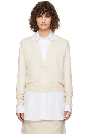 Recto Off-White Deep Henley Neck Sheer Knit Sweater
