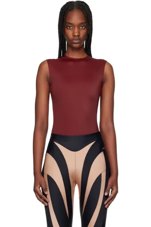 MUGLER Burgundy Sleeveless Shoulder Logo Bodysuit