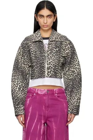 Ganni Beige & Gray Leopard Curve Sleeve Short Jacket