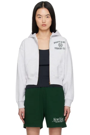 Sporty & Rich Gray Varsity Crest Cropped Zip Hoodie